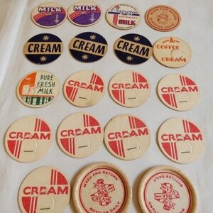 VTG MIX LOT OF 19 GLASS MILK COFFEE CREAM DAIRY BOTTLE CAPS 1 5/8"